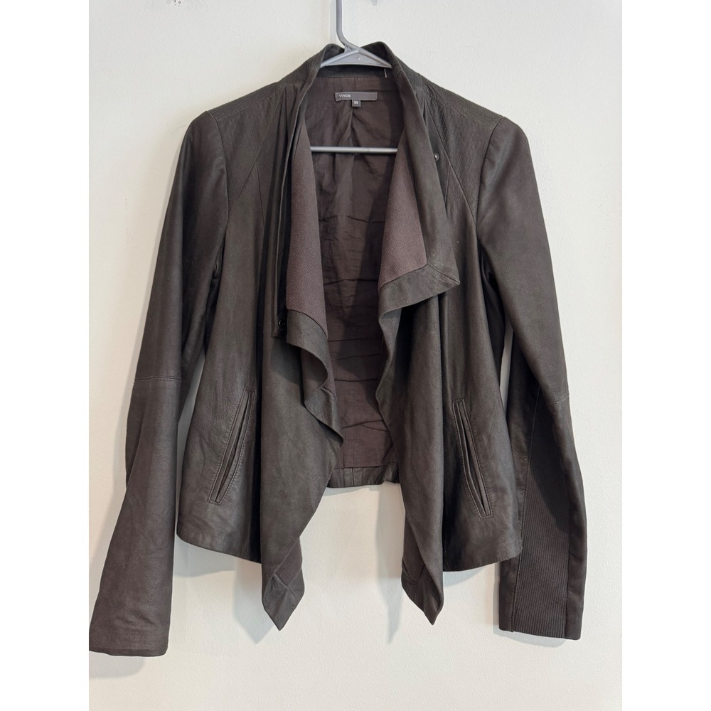 Vince Scuba Leather Draped Jacket Womens XS Gray Brown Ribbed Knit Panels Luxury